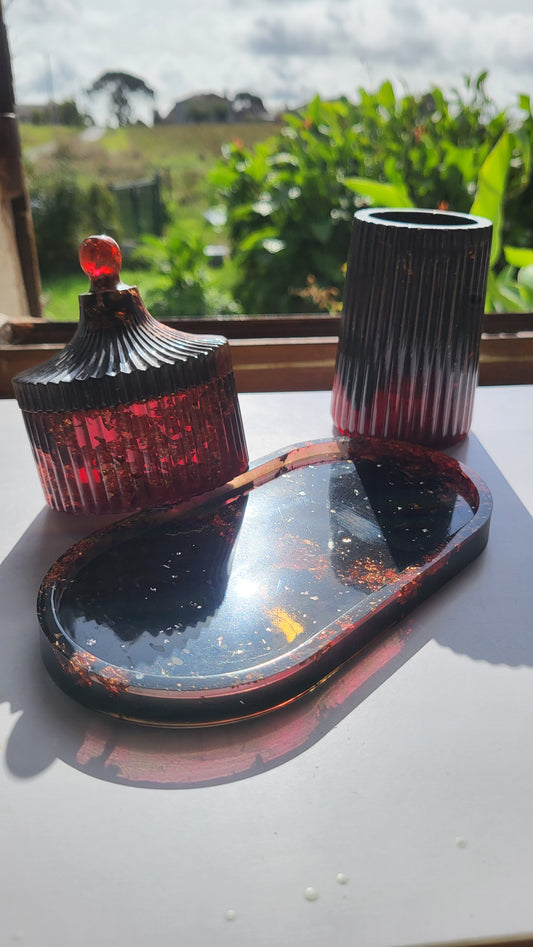 ✨ Set en résine époxy – Rouge, noir & éclats d’or ✨